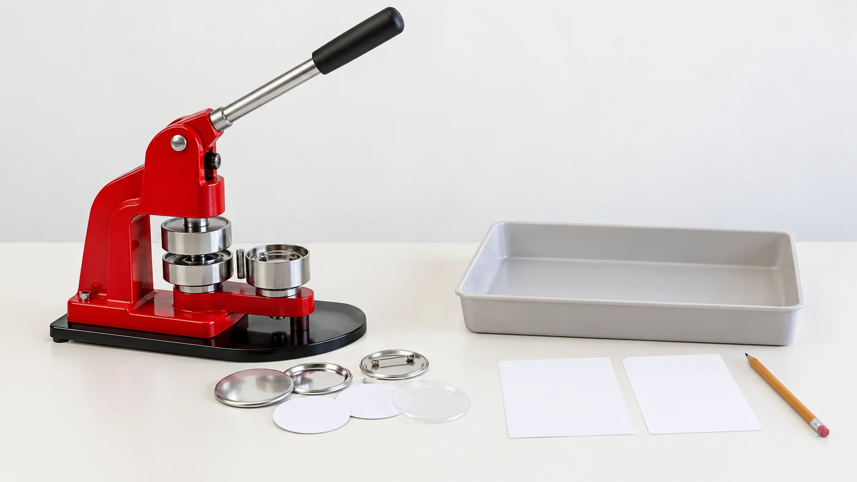 A button maker refill budget sets an idle press and starter parts apart from an empty supply tray and blank notes for a later order.