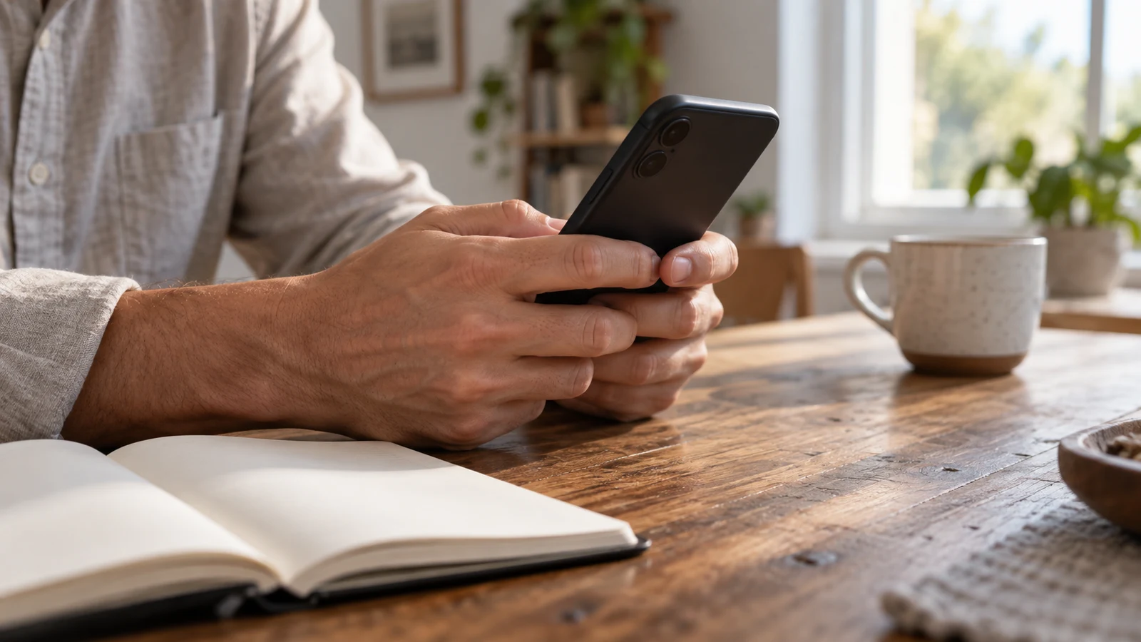 underpaid crypto invoice: A person holds a black phone above a wooden table beside a mug and an open notebook.