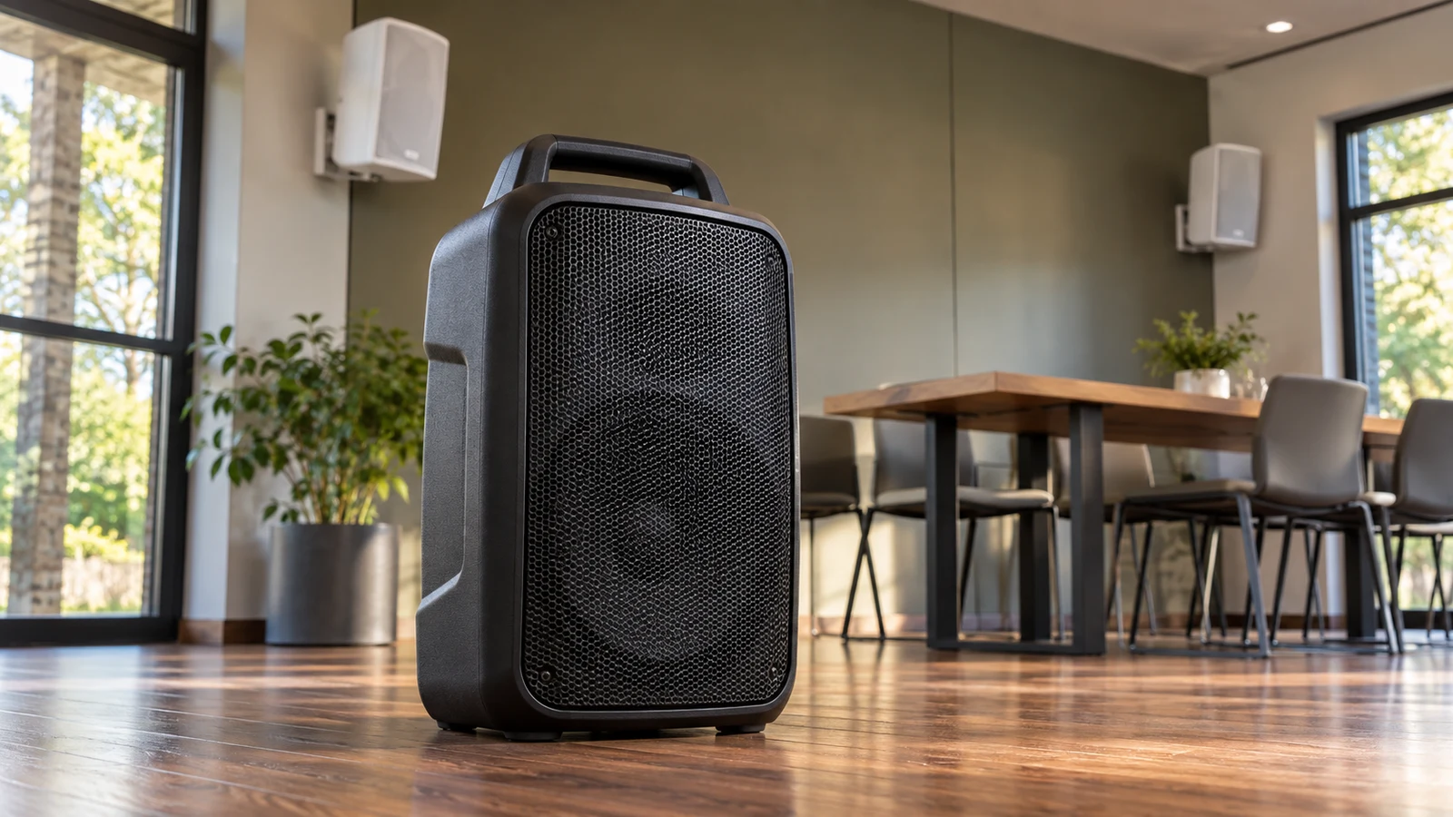 Gemini PartyBox: A black portable speaker stands on a wood floor beneath white wall-mounted speakers.