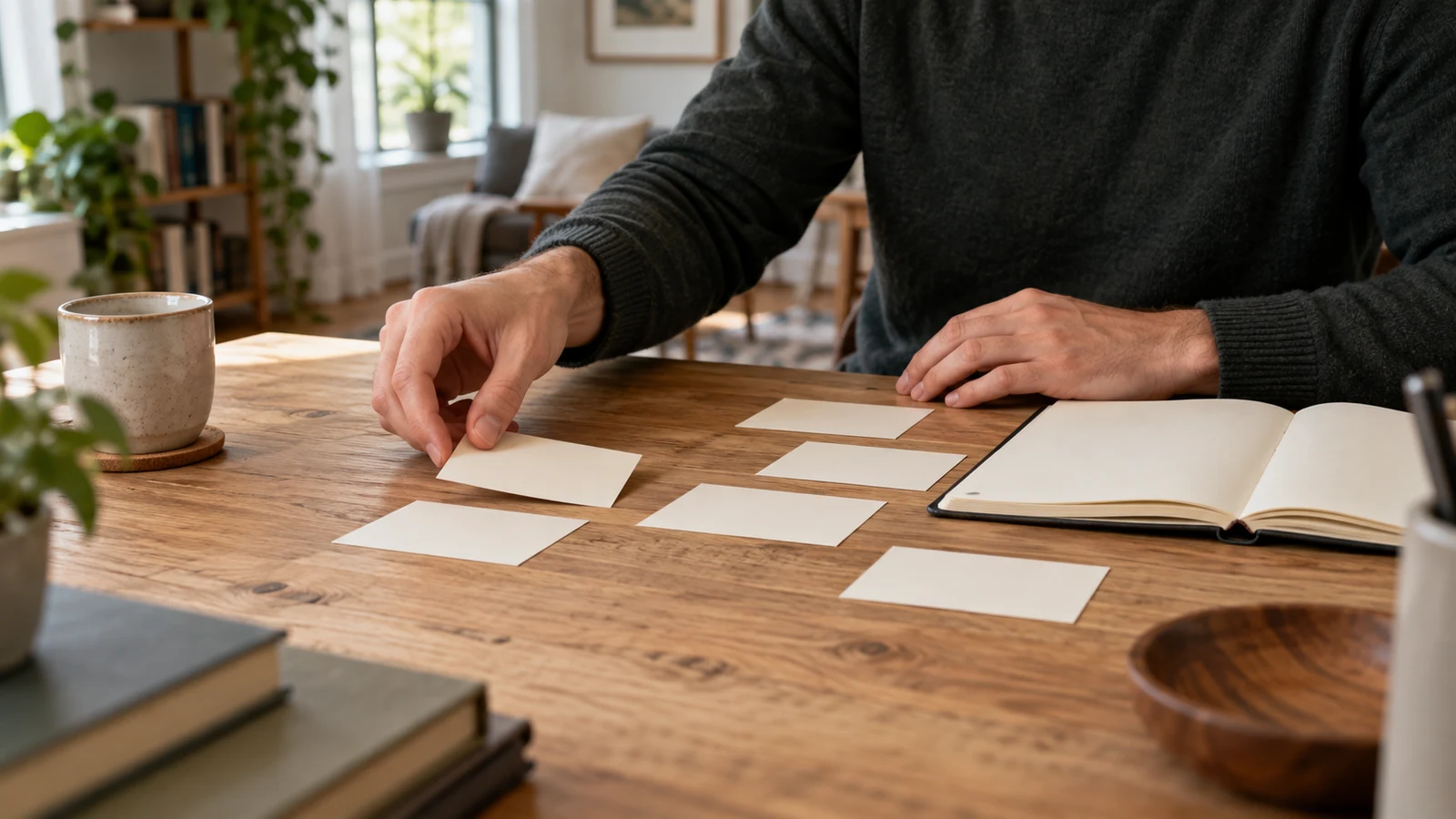 argument mapping: A person arranges blank cards on a wooden table beside an open notebook.