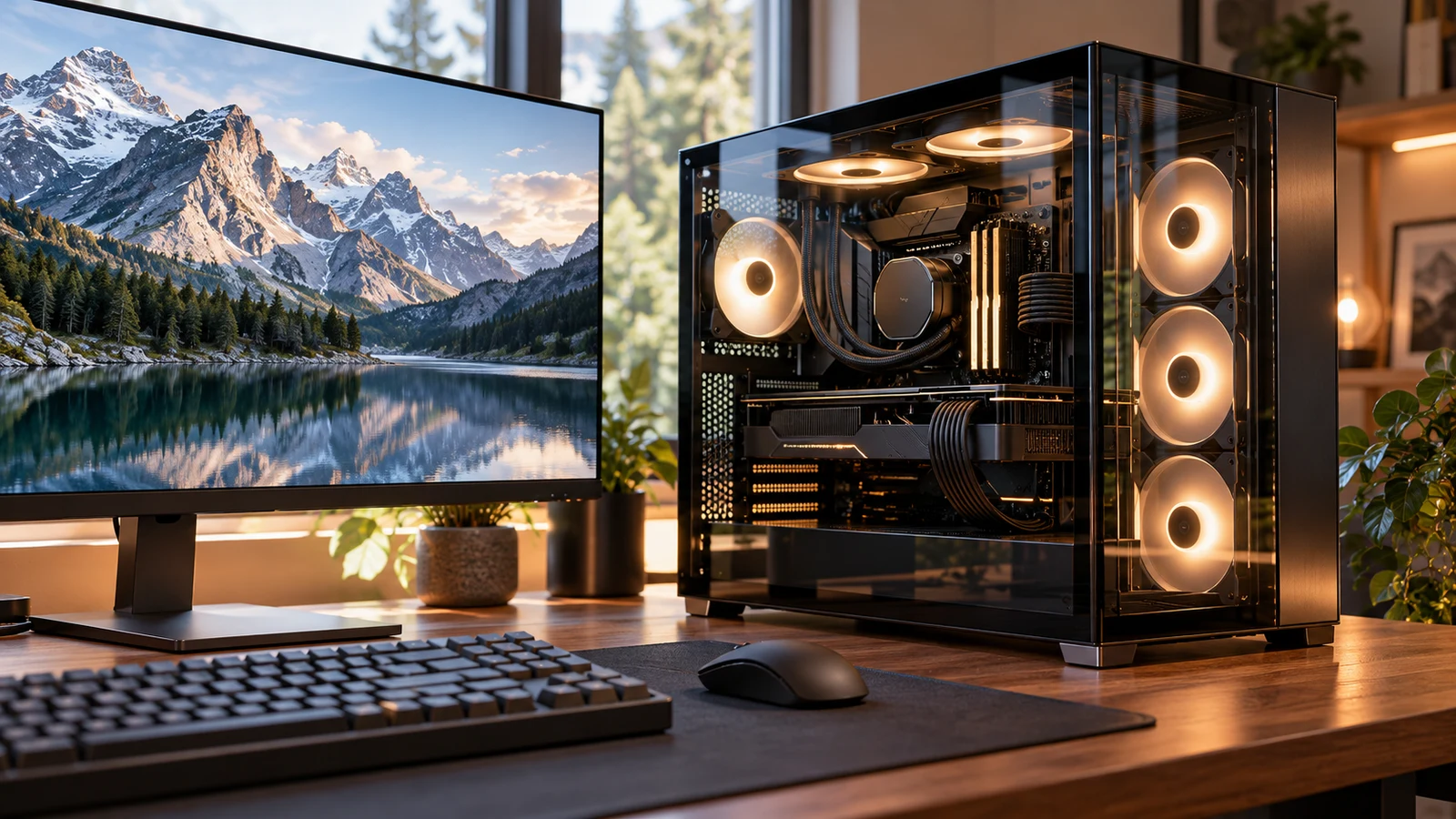 Skytech O11 Vision desktop: A glass-sided computer with glowing fans stands beside a mountain-displaying monitor on a wooden desk.