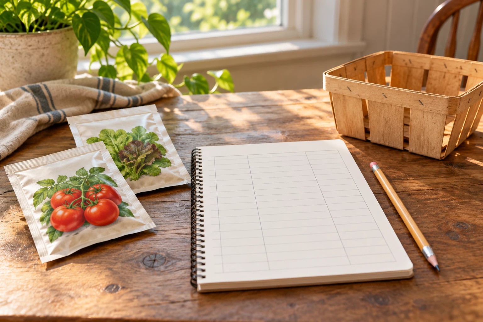 Seed kit savings considered with generic sealed seed packets, a blank expense and harvest record and an empty basket, separating purchased inputs from food actually used