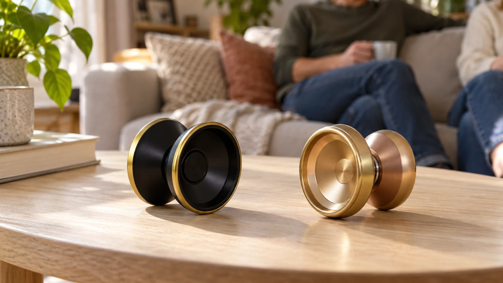 Watching a yo-yo demonstration illustrated conceptually with two whole generic inactive black-and-gold and gold-and-bronze yo-yos on a table.
