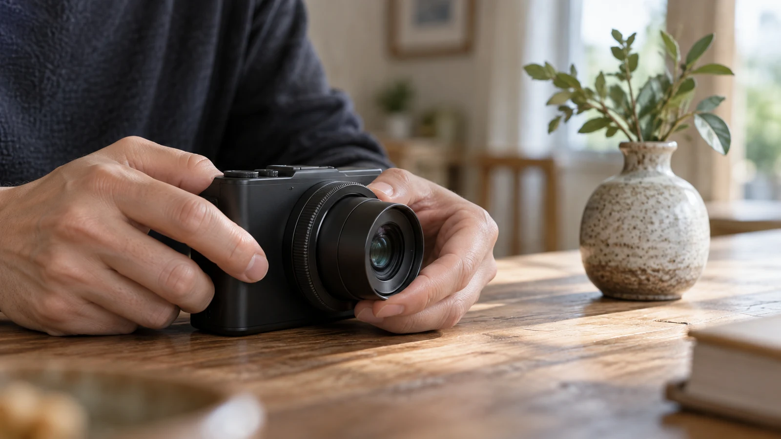 Sony ZV-1 II focus peaking checks: Hands hold an unbranded compact camera beside a ceramic vase on a wooden table.