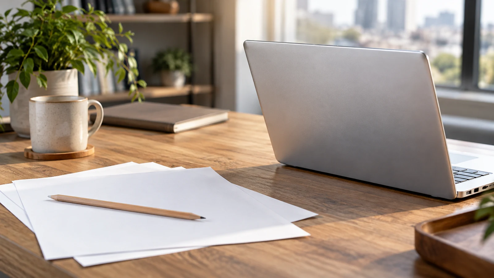 Dell Inspiron PDF font embedding: An unbranded silver laptop sits beside blank papers and a pencil on a wooden desk.