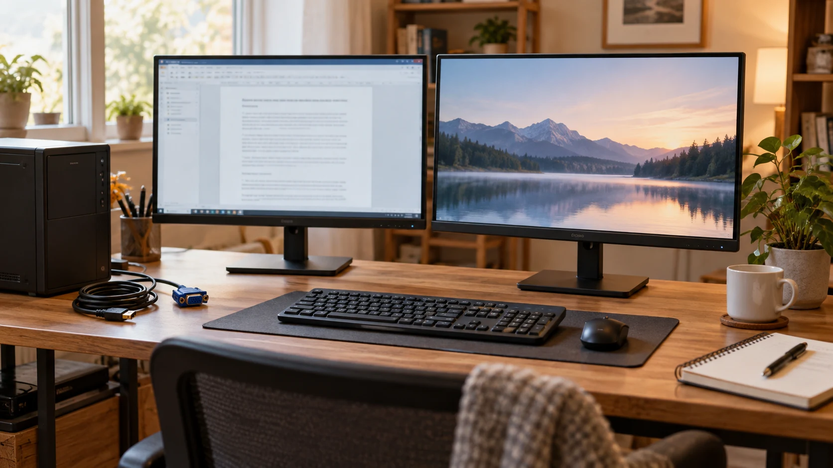MSI PRO MP243L E14W vs Philips 24B2N2100 buying guide represented by generic desktop monitors and HDMI and VGA-style connectors; conceptual illustration, not retail photographs or a size comparison.